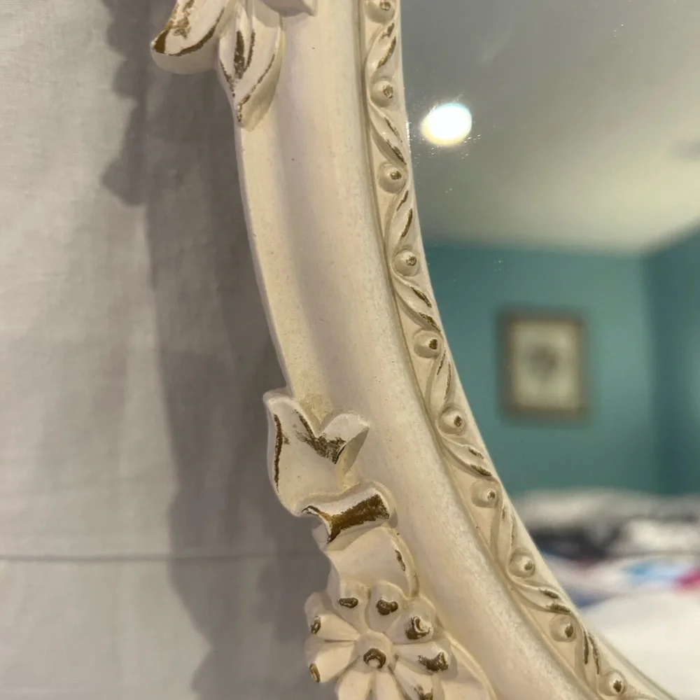 Vintage Syroco wood white and gold frame mirror, Victorian, bow